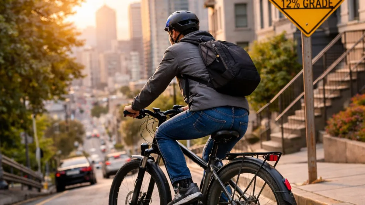 Bicicleta elétrica subindo ladeira em área urbana