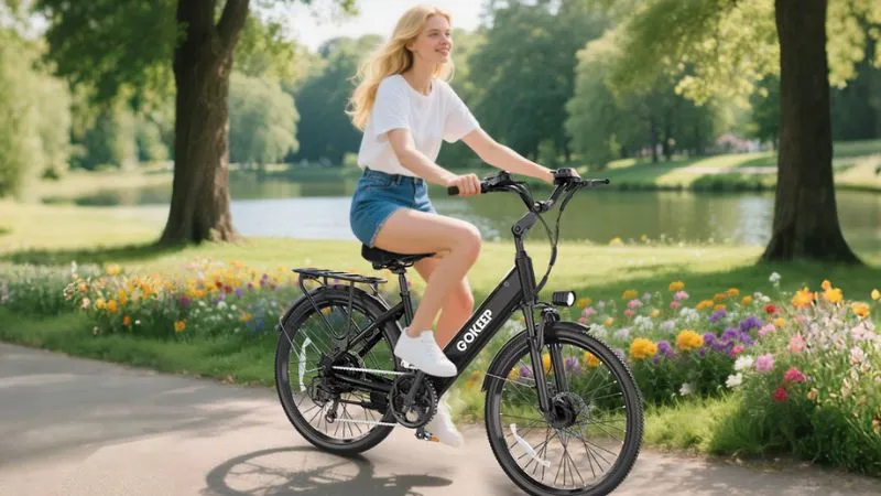 Pessoa pedalando bicicleta elétrica em parque ao ar livre